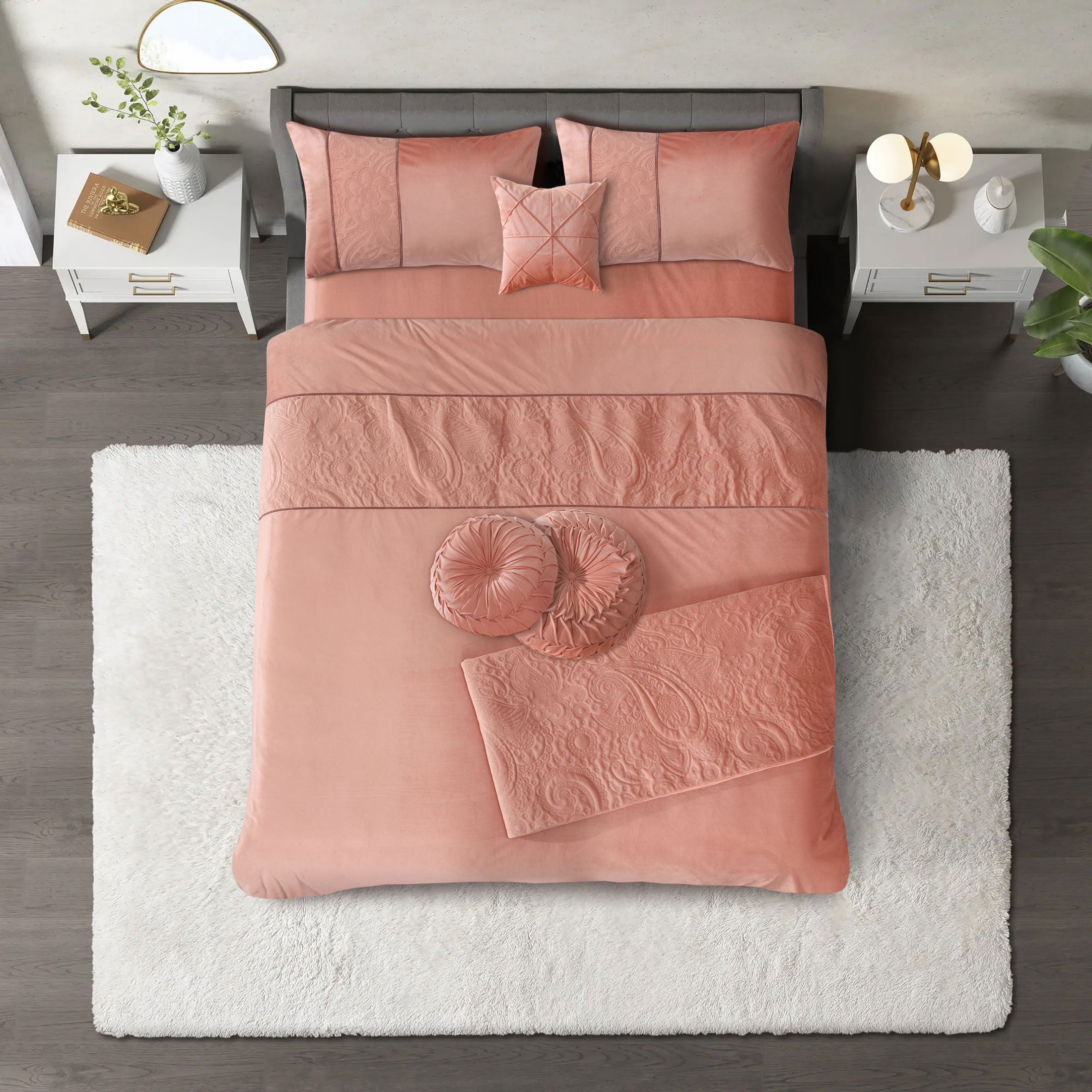 LUXURY VELVET VELOUR FLUFFY PINSONIC QUILTED 7 PCS COMPLETE BEDDING SET INCLUDES 1 DUVET COVER, 1 FLAT SHEET,1 BEDSPREAD, 2 PILLOW CASES, 1 SQUARE CUSHION, 1 ROUND CUSHION.