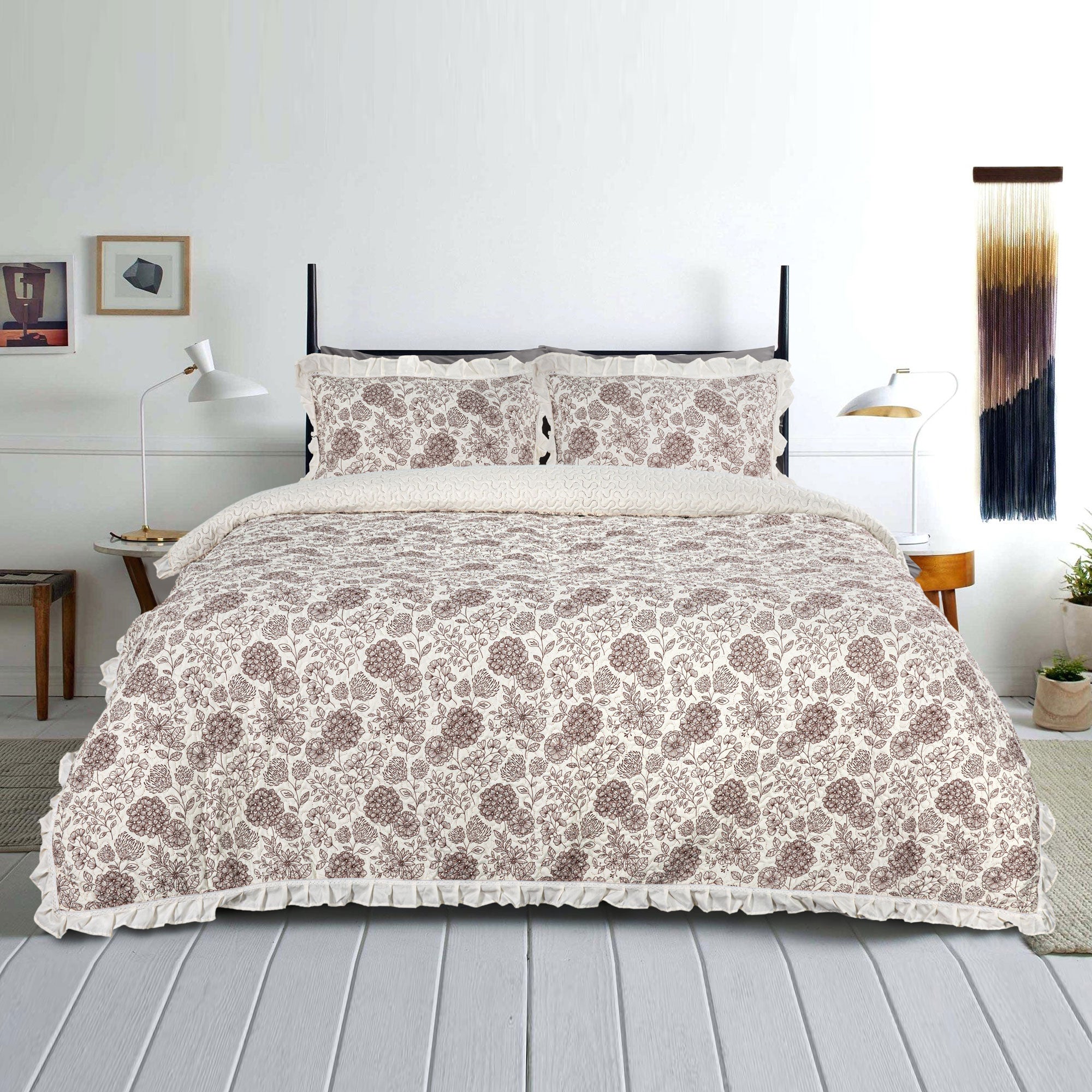 Botanical Palm Print Quilted King Set Include 1 Bedspread and 2 Pillowcases