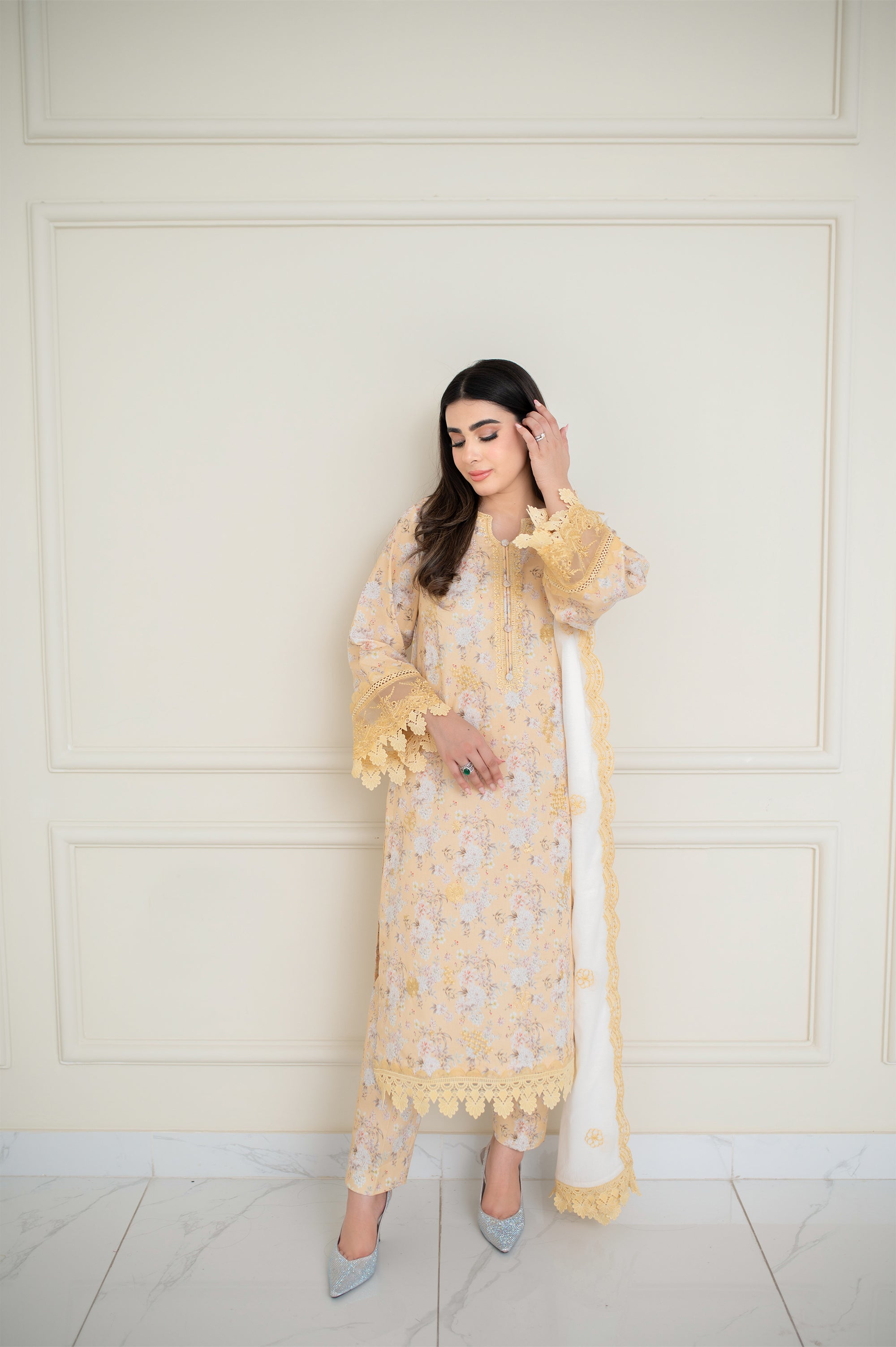 Lemon Yellow Embroidered Digital Print Lawn 3 Piece Suit