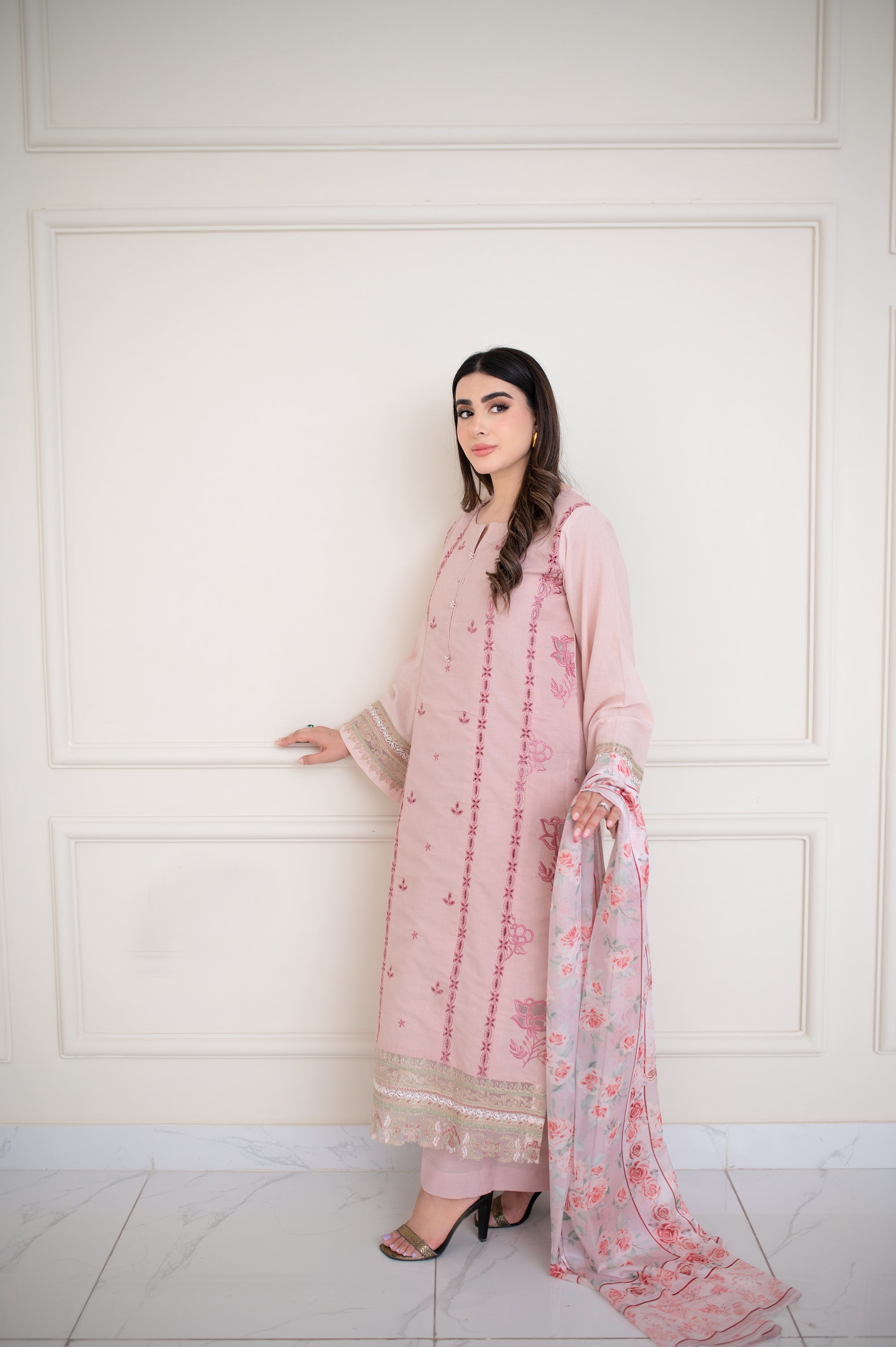 Pink Embroidered Plain Dyed Lawn 3 Piece Suit