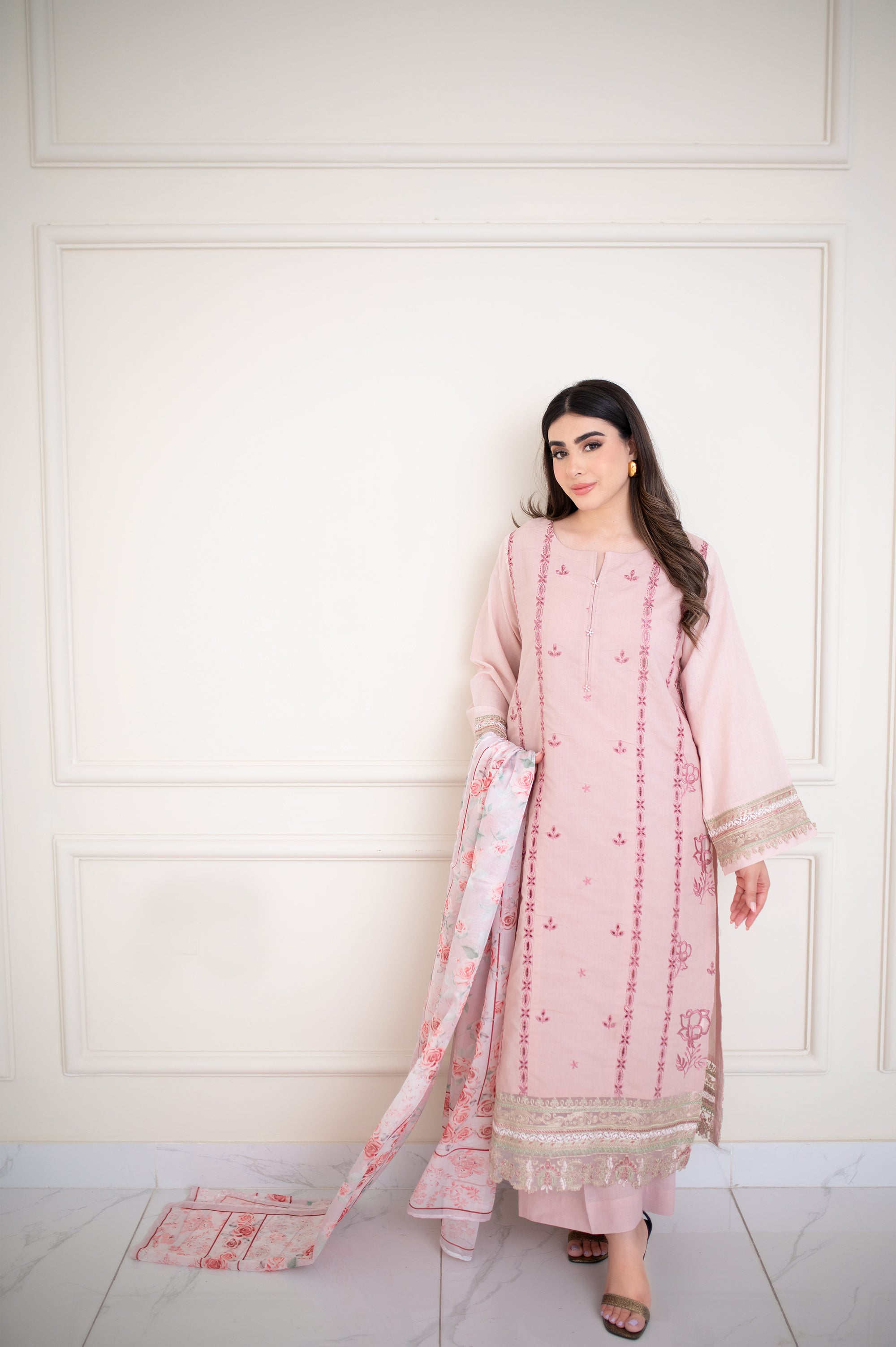 Pink Embroidered Plain Dyed Lawn 3 Piece Suit