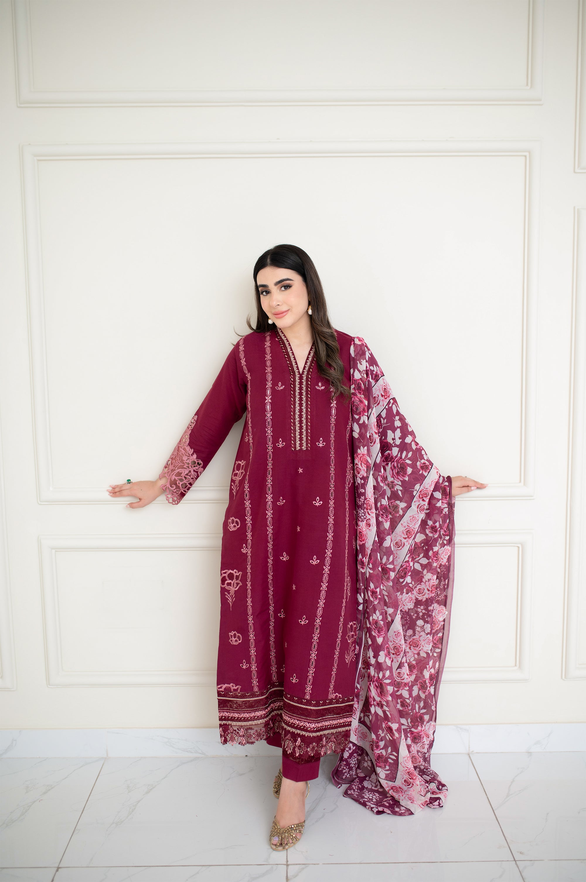 Plum Embroidered Plain Dyed Lawn 3 Piece Suit