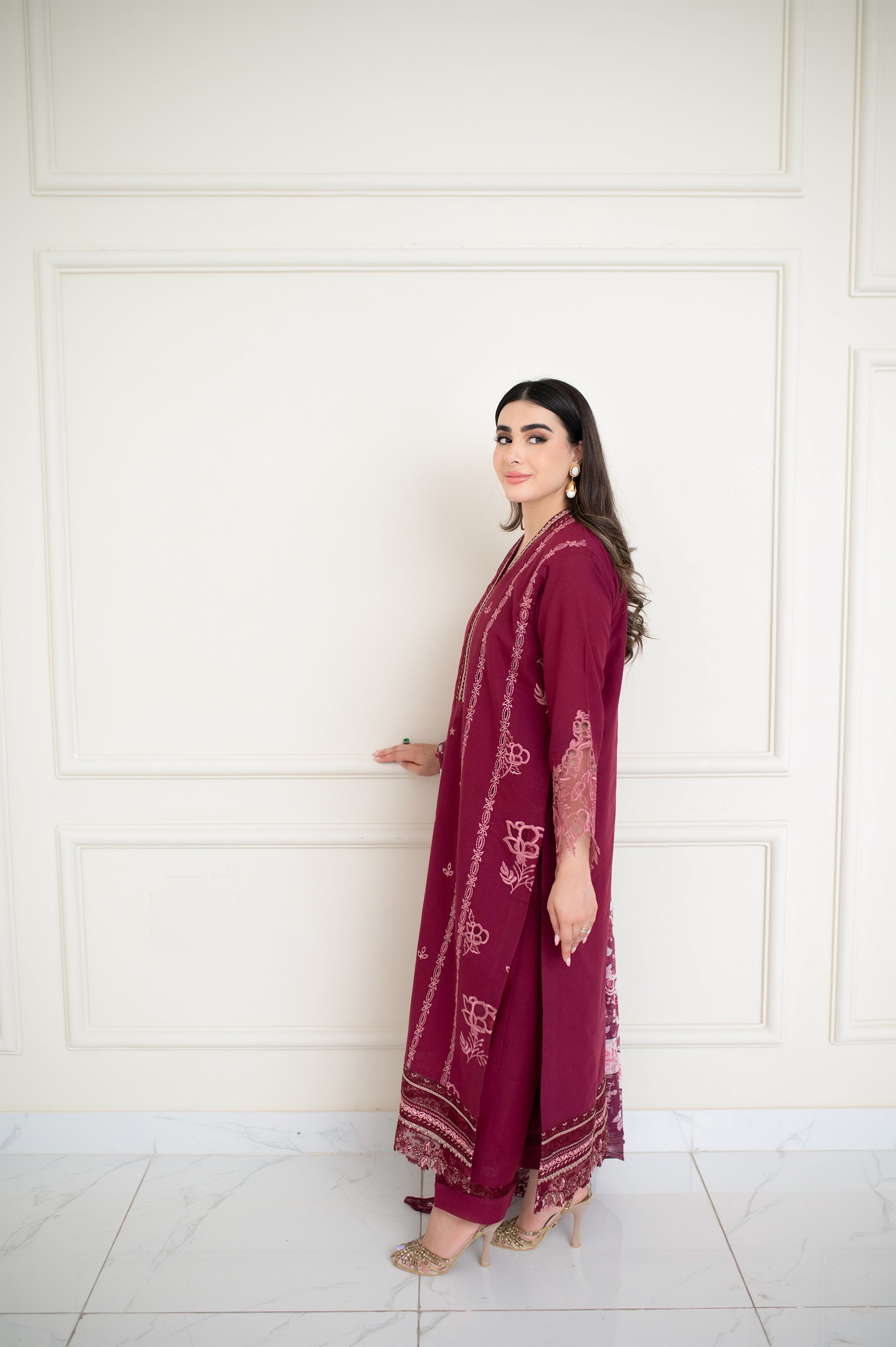 Plum Embroidered Plain Dyed Lawn 3 Piece Suit