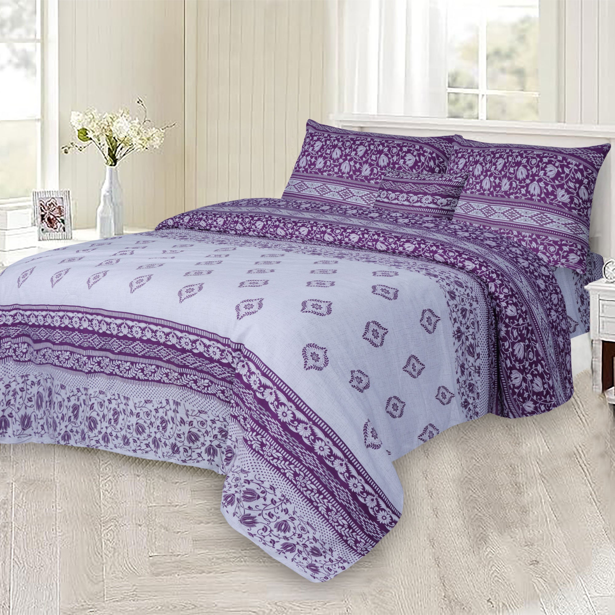 Purple Texture Cotton Printed Flat Sheet Set