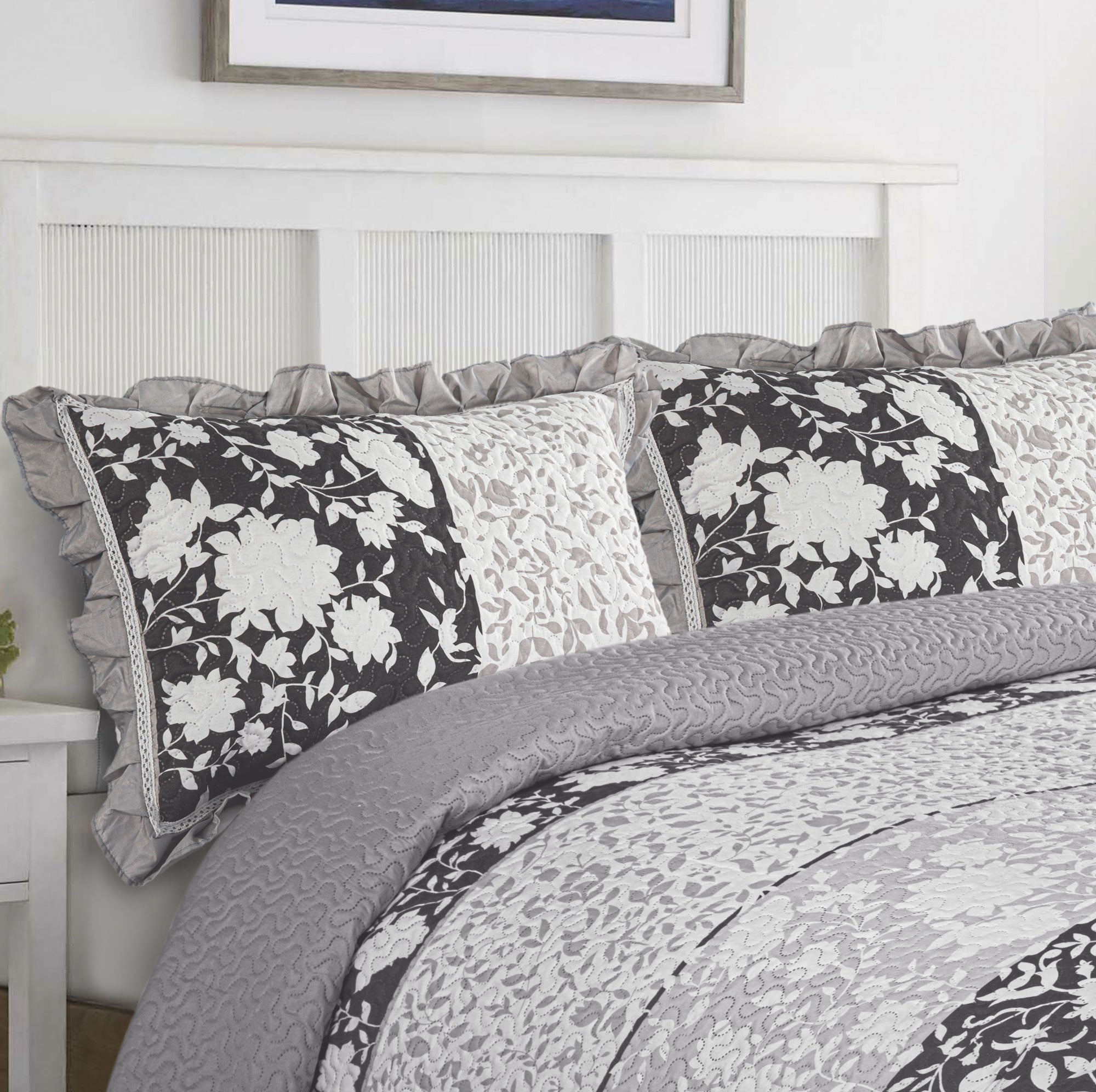 Grey Flower Stripe Print Quilted King Set Include 1 Bedspread and 2 Pillowcases