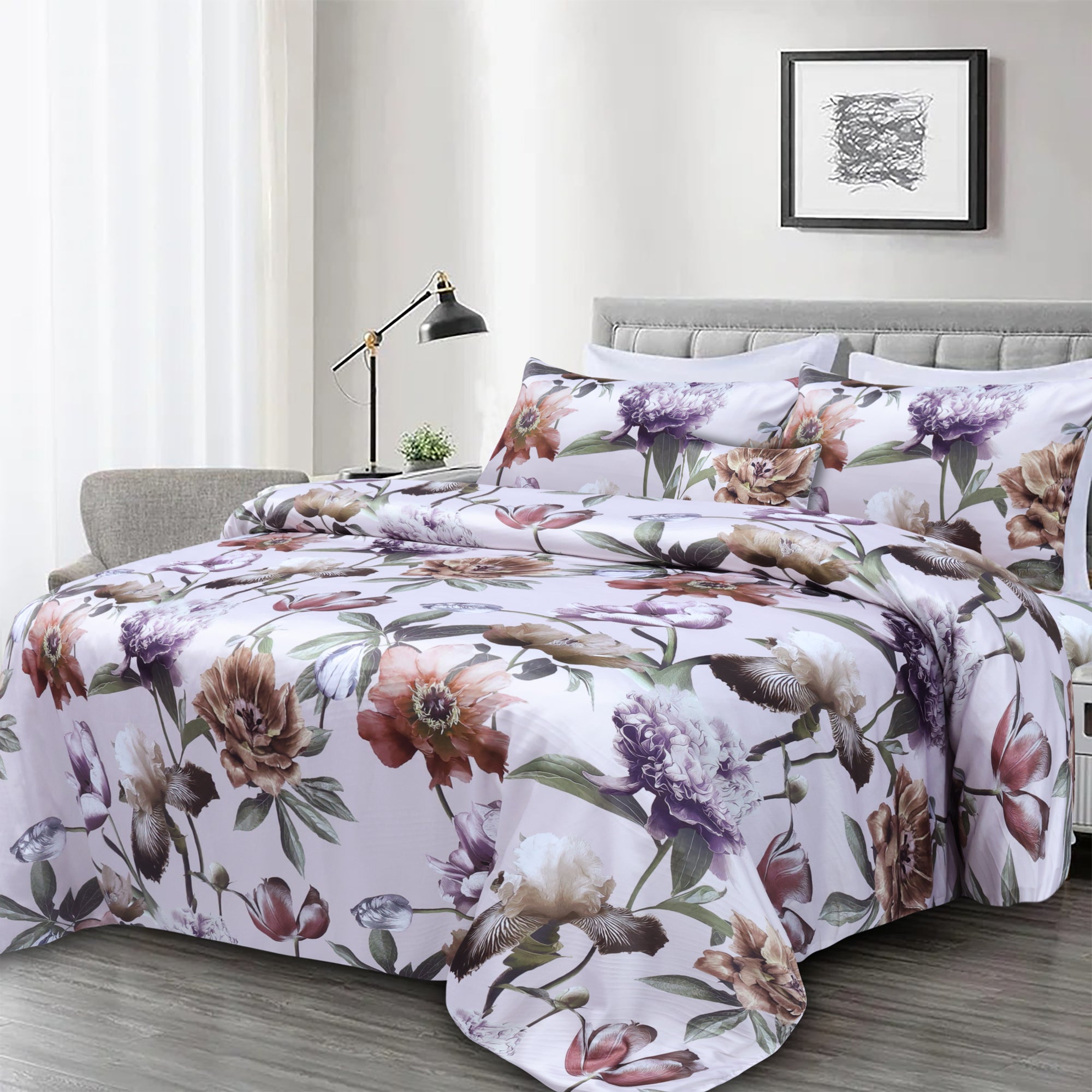 Dracone Floral Sateen Silk Digital Printed Flat Sheet Set