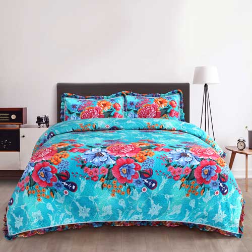 Spring Garden 3-Piece Multi color Print Pinsonic Quilt Double Set Include 1 Bedspread and 2 Pillowcases