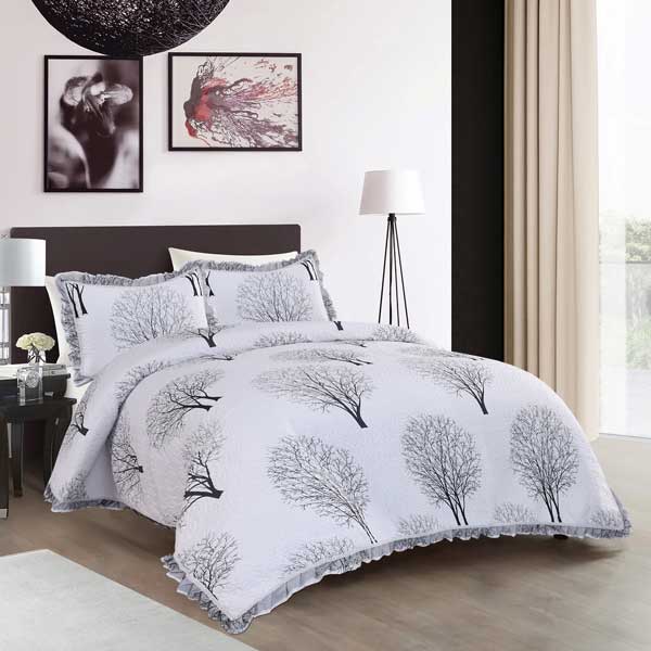 Monochrome 3-Piece Black & White Print Pinsonic Quilt Double Set Include 1 Bedspread and 2 Pillowcases